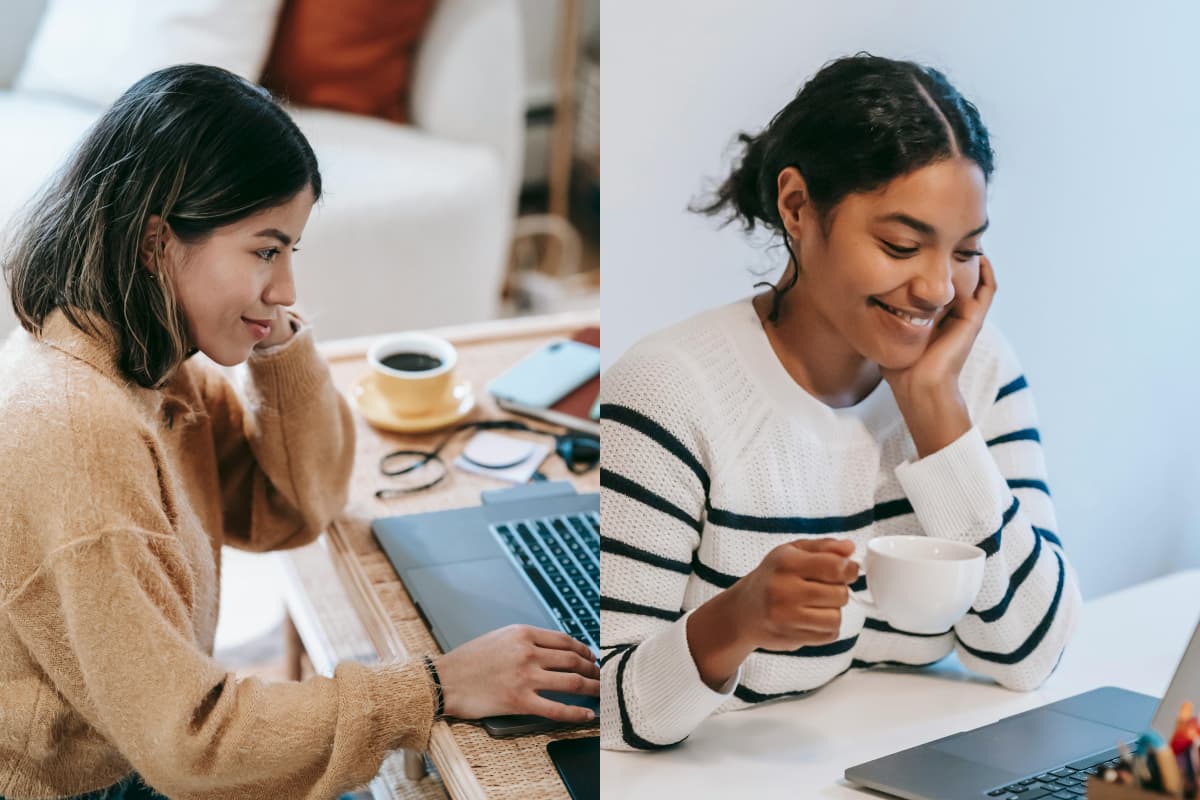 Dos alumnas practicando inglés en línea en sus hogares mientras toman un café
