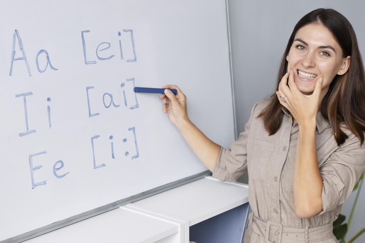 Profesora de inglés demostrando la pronunciación correcta de diptongos en un pizarrón